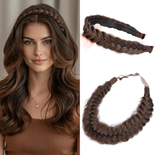 2PCs Braided Headband with teeth Handmade Messy Wide Synthetic Hair Elastic Stretch Fluffy Hairpiece for Brides (Chestnut) - color: Chestnut