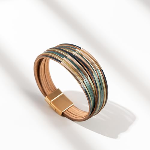 FANCY SHINY Boho Leather Bangle Bracelets Stackable Noodle Tube Bracelets Layered Wrap Cuff Bracelets with Magnetic Clasp - color: Green