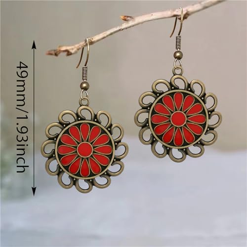 Bohemian Lightweight Vintage Copper Enamel Flower Hollow Dangle Drop Earrings Handmade Retro Circle Floral Hook Earrings For WomenJewelry Gifts - color: Red
