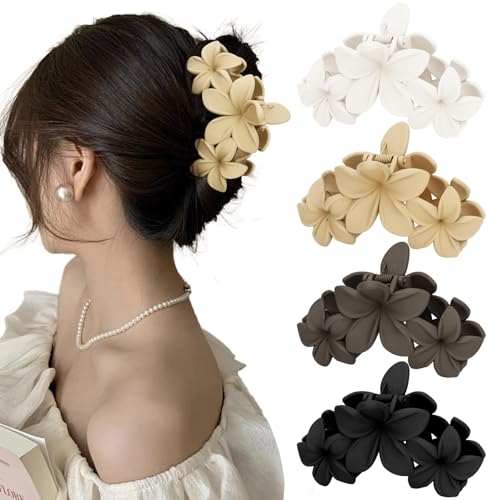 ANBALA Matte Flower Hair Accessories - 4PCS Large Plumeria Hawaiian Hair Clips with Strong Hold for Women, Non-Slip and Cute - color: C-4pcs large colorful flower