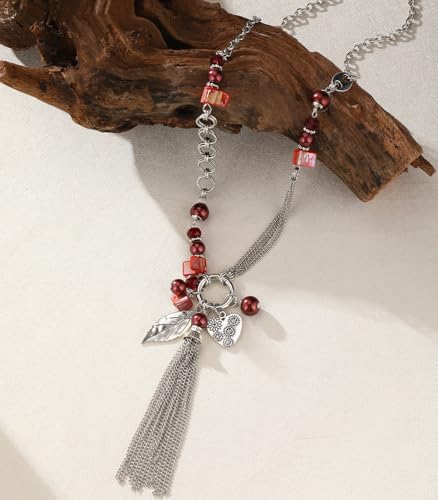 FULU AUTUMN Long Necklaces for Women Trendy Long Chunky Beaded Necklace Boho Fashion Costume Jewelry Mothers Day Gifts for Her - color: 95-Red