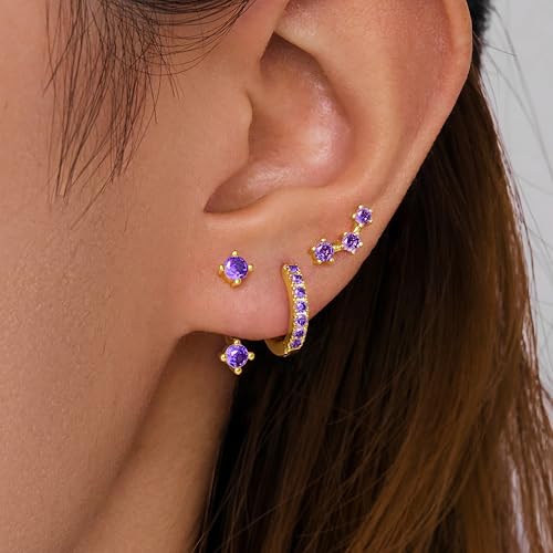 3 Pairs Dainty Small 4th of July Earrings for Women Trendy, Birthstone Stud Huggie Hoop Jacket Stack for Cartilage Helix, Gold Plated Hypoallergenic Cute Women Fashion Accessories Western Jewelry Gifts - color: 02Purple Created Amethyst-Feb (Gold)