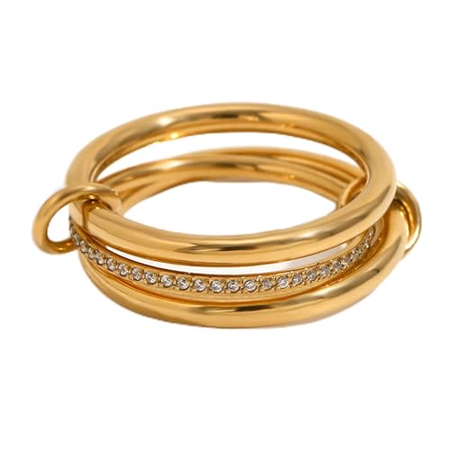 Gold/Silver Interlocked Rings For Women Dainty Stainless Steel Cubic Zirconia Stackable Statement Rings Two-toned Connected Bands Rings Non Tarnish (size 6-10) - color: CZ-Gold triple ring