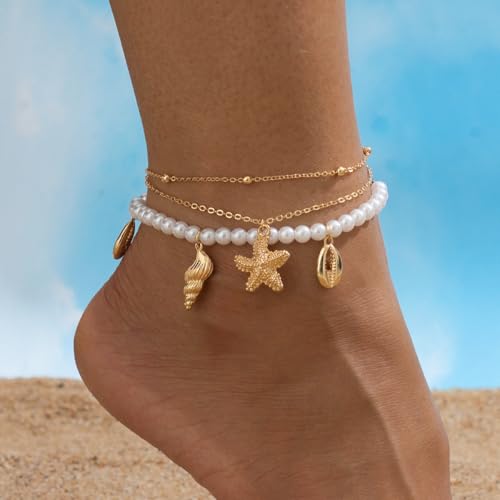 Ankle Bracelets for Women Waterproof Beach Jewelry for Women Elastic Beaded Anklets Boho Seashell Pearl Starfish Anklets for Women Foot Jewelry - style: 3 - 3 layer pearl shell conch