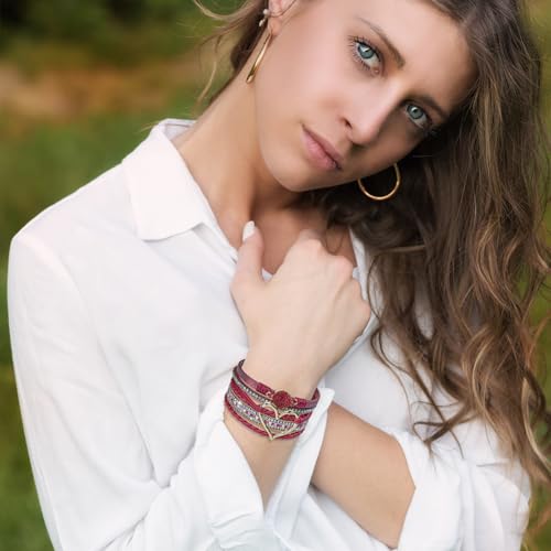 Leather Wrap Bracelet for Women, Boho Cuff Bracelet with Strong Clasp, Multi-Layer Crystal Leather Bracelet for Valentine Mother's Day - color: 01-Heart-Burgundy