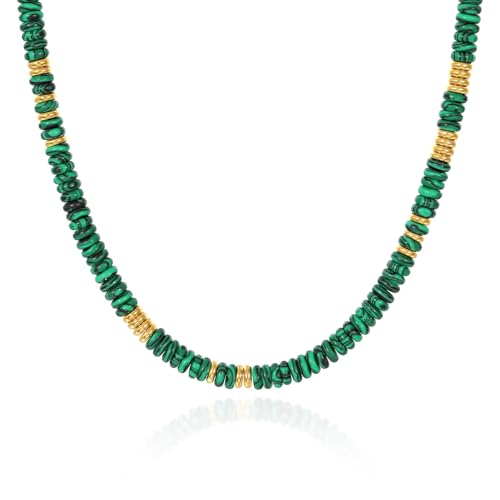 KissYan Boho Beaded Choker Necklace for Women, Gemstone Choker Natural Stone Freshwater Pearl Surfer Necklaces 14K Gold Plated Summer Beach Handmade Jewelry - color: Q-Malachite
