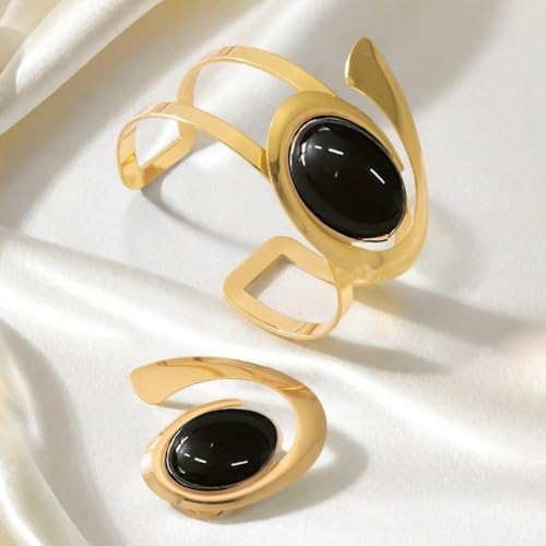 Boho Open Bracelet Ring Set for Women Black and Gold Jewelry Set Oval Cuff Bracelet Adjustable Ring Vintage Jewelry - style: Black