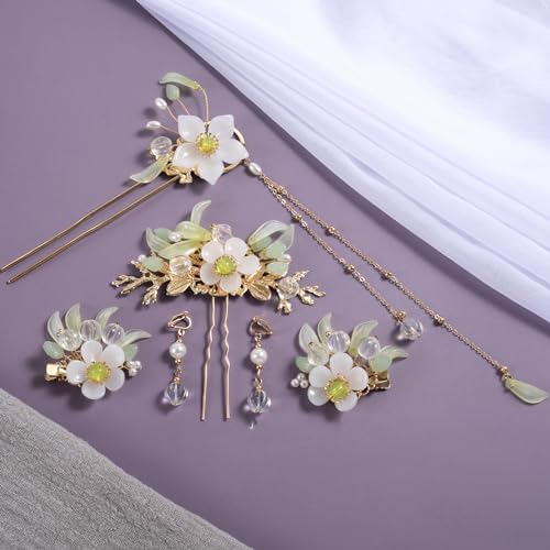 HINZIC 6PCS Lily Flower Tassels Hairpin, Crystal Rhinestone Pearl Hair Clips Headpiece Retro Chinese Hanfu Wedding Brides Valentines Hair Accessories Jewelry for Women Girls Updo Long Hair - color: Solid color