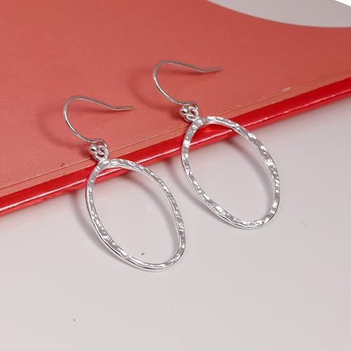 LeCalla Sterling Silver Dangle Earrings for Women | 925 Sterling Silver Long Interlocked Handmade Textured Drop Earring for Women - color: Hammered Open Circle