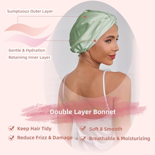 Adjustable Silk Satin Hair Bonnet for Sleeping Women, Double Layer, Silk Hair Wrap for Sleeping Women Men, Curly Natural Braid Straight Unisex - Green - color: Green
