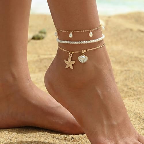 Fesciory Shell Ankle Bracelets for Women, Gold Plated Boho Anklet Set with Pearl Beads Starfish Conch Seashell, Adjustable Summer Beach Hawaiian Foot Jewelry Gift - style: Shell Pearl 3Pcs1