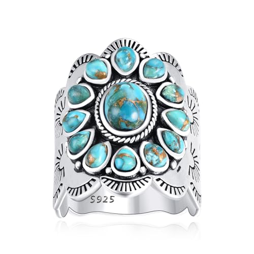 Turquoise Rings for Women, 925 Sterling Silver Vintage Statement Ring with Coral Spiny Oyster, Multi Color Boho Band, Size 6-10