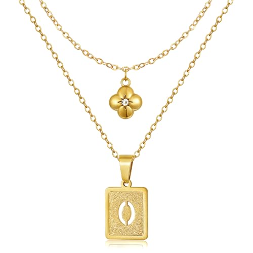 KELORIS PATH Layered Initial Necklaces for Women, 18K Gold Plated Stainless Steel Necklaces Set with Dainty Four Leaf Clover Square Cutout Letter Pendant, Fashion Jewelry for Gifts - style: O Letter
