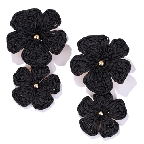 Boho Flower Earrings Statement Raffia Dangle Earrings Cute Floral Jewelry Trendy Summer Beach Vacation Outfits for Women - color: Black