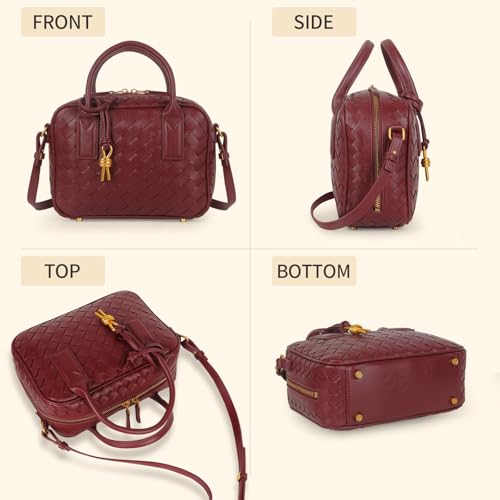 Women's Handmade Woven Top-handle Bag Fashion Leather Shoulder Handbag Crossbody Purse Woven Purse for Women - color: Burgundy