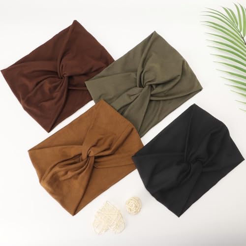 AQOKKA Extra Wide Headbands for Women Large Turban Headband Non Slip Boho Elastic Hairband Hair Twisted Knot Head Bands Accessories - color: 4 Pcs: Black, Olive, Drak Coffee, Brown