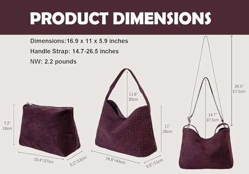 Leather Woven Tote Bag for Women, Vintage Suede Woven Hobo Bag, Large Crossbody Shoulder Slouchy Handbag - color: Wine Red