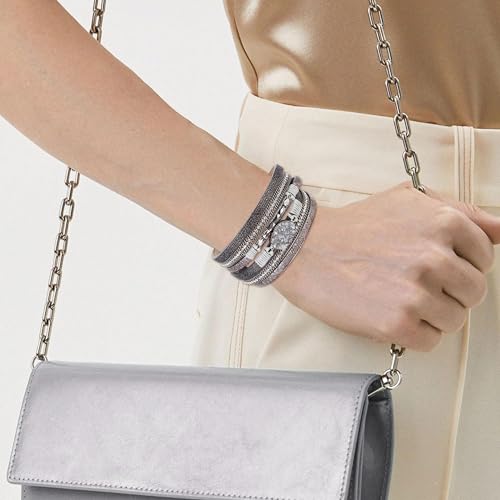 Long tiantian Leather Bracelets for Women Warp Bracelet Stackable Boho Layered Bracelet Chunky Heart Trendy Birthday Gifts for Her - color: B25:2 Layered Bracelets Set for Women(Silver)