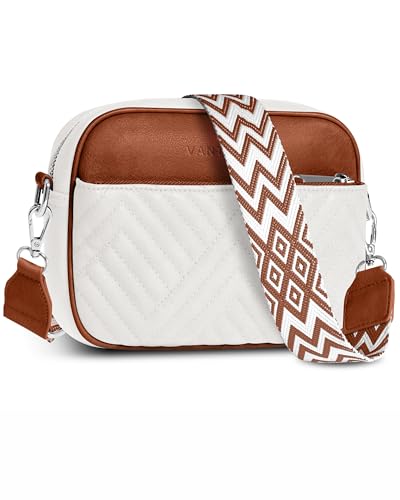 Vantamo Premium Quilted Crossbody Bags for Women with Anti-Pickpocket Clip, Vegan Leather Handbags, Travel Purses for Women - color: Shoulder Bag Snow & Brown Jacquard Strap