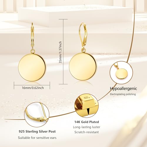 Disc Dangle Earrings for Women, 14K Gold Plated Flat Hypoallergenic Drop Earrings, Silver Classic Coin Leverback Earrings for Women Jewelry Gifts - color: A-14K Gold
