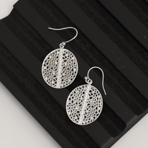 LeCalla Sterling Silver Dangle Earrings for Women | 925 Sterling Silver Long Interlocked Handmade Textured Drop Earring for Women - color: CZ Floral Filigree