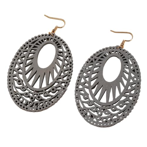 Boho Wooden Cutout Dangle Earrings for Women Bohemian Teardrop Oval Hollow Floral Pattern Drop Earrings Colorful Lightweight Statement Party Jewelry - color: Gray