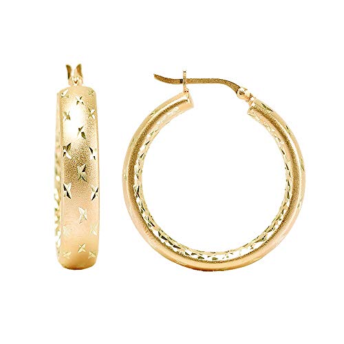 LeCalla 925 Sterling Silver Hoop Earrings for Women | 14K Gold-Plated & Rose Gold-Plated Diamond-Cut Hoop Earrings | Textured Click-Top Hoops Earring Jewelry - color: Yellow-Gold Double DC-30MM
