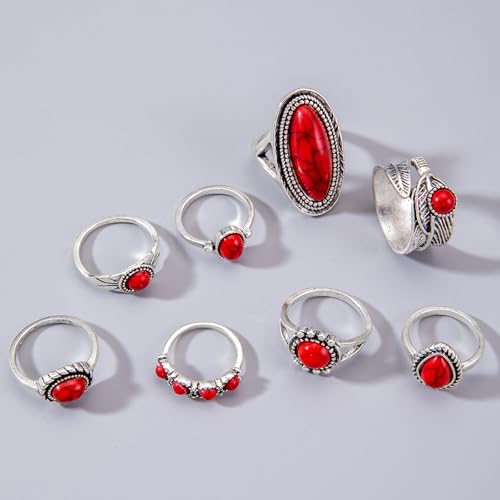 Western Rings Set for Women Red Boho Turquoise Ring Vintage Stackable Knuckle Rings Bohemian Cowboy Cowgirl Jewelry Country Concert Outfits - color: red