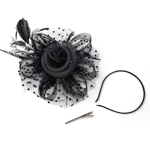 Fascinators Hat Pearl Earrings Necklace Bracelets Gloves 1920s Headband Hair Clips Women Flower Mesh Feather Headpiece Headwear Halloween Carnival Cocktail Wedding Tea Party Accessories Black - color: Black
