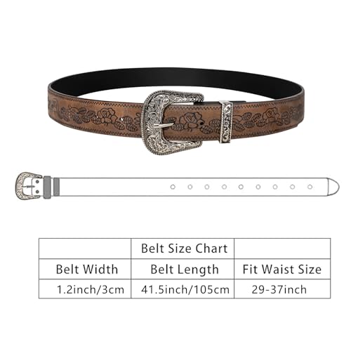 Dubulle Womens Belt Chain Leather Belts Vintage Western Adjustable Elastic Double Buckle for Cowboy Pant Dress - color: Brown Silver