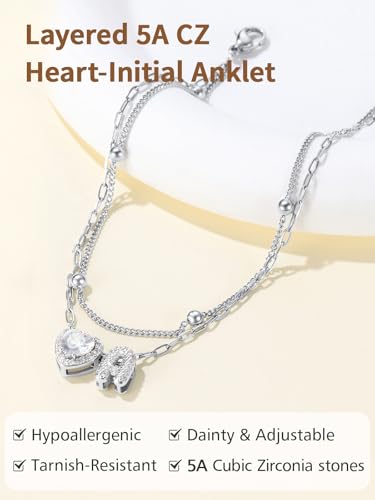 FindChic Silver/14K Gold Plated Layered CZ Initial Ankle Bracelet for Women | Waterproof Stainless Steel, Cubic Zirconia Letter Charm, Non-Tarnish, Hypoallergenic, Adjustable Extender, Summer Jewelry - color: Silver-CZ Heart, size: Z