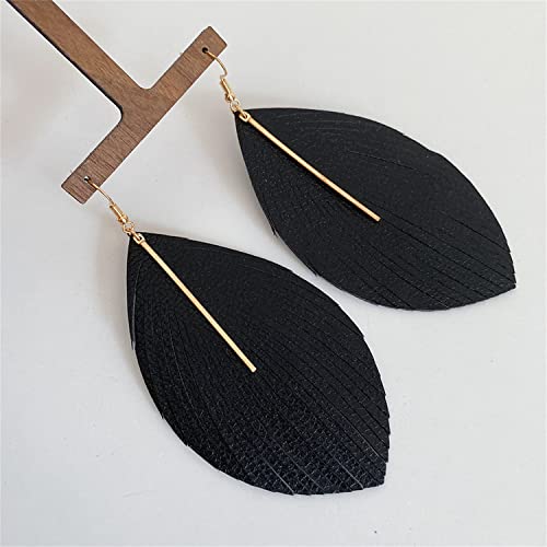 Minimalist Handmade Lightweight Large Soft Faux Leather Fringe Feather Dangle Drop Earrings Bohemian Huge Leaf Hook Earrings with Bar for Women - color: Black