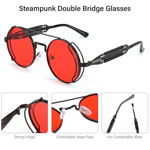 FEISEDY Aviator Sunglasses for Men Women, Retro Steampunk Gothic Round Metal Frame Hippie Glasses B2351 - color: Black Frame With Red Lens and Black Leg