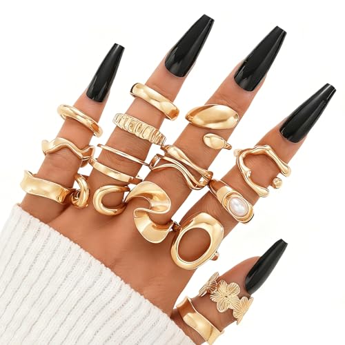 FAXHION 25 PCS Gold Stackable Rings Set for Women, Simple Twist Knuckle Finger Ring Trendy, Dainty Stacking Statement Thumb Rings Pack Jewelry Gift - color: Gold-Chunky