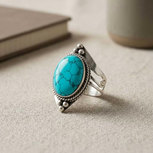 Handmade 925 Sterling Silver Plated Ring Natural Gemstone Carnelian, Rose Quartz, Tiger Eye, Crystal Oval Boho Jewelry For Women - color: Turquoise