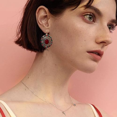 Unique Bohemian Vintage Sparkly Crystal Colorful Round Flower leverback earrings Boho Retro Bronze Circle Beaded Flower Floral Dangle Drop Earrings for Women - color: Red 9