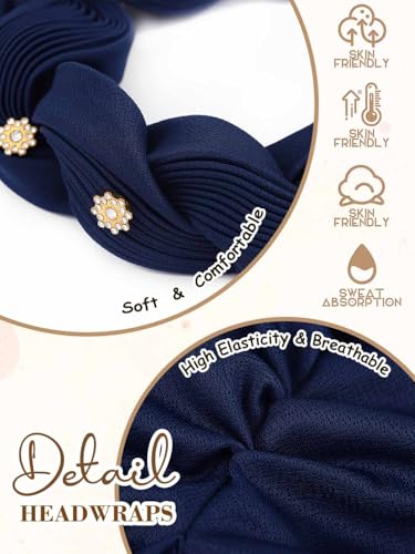 Woeoe Women African Turban Pre-Tied Twisted Beanie Cap Headwear Rhinestone Soft Stretchy Head Turbans - color: Navy Blue
