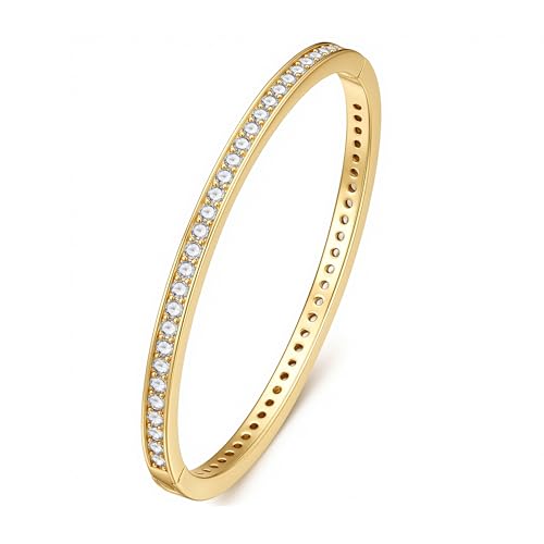 Turandoss Gold Bangle Bracelets for Women - Dainty 14K Gold Plated Tennis Bangle Bracelet Personalized Cubic Zirconia Oval Cuff Bracelets Jewelry Gifts - color: CZ Bangle - Shinny Tennis