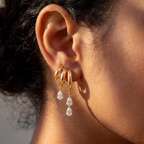 Triple Huggie Stacked Earrings for Women Gold Chain Drop Dangle Earrings Cute Statement CZ Earrings Trendy Dainty Jewelry Gift - color: Gold 4