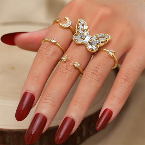 Knuckle Rings Set for Women,Simple Dainty Stackable Finger Ring Pack Minimalist Cute Butterfly Moon Heart Rings Boho Statement Jewelry Size Mixed - style: Style-D