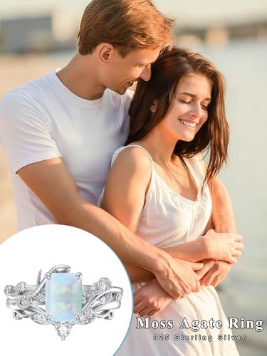 Natural Moss Agate Ring for Women 925 Sterling Silver Pear/Oval/Kite/Heart/Hexagon/Emerald/Coffin Cut Green Leaf Moss Agate Engagement Ring Promise Bridal Set Anniversary Birthday Jewelry Gifts - color: Emerald Cut Opal