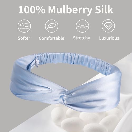 ZLYC Mulberry Silk Headband Elastic Twist Knotted Head Bands for Women's Hair, Solid Light Blue - color: Solid Light Blue