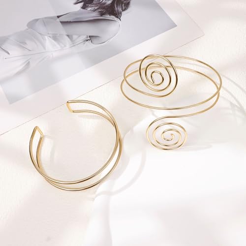 2Pcs Arm Cuff Gold Upper Arm Cuff for Women Adjustable Upper Arm Bracelets Open Irregular Arm Bangle Minimalist Coil Swirl Armlets Armband Jewelry - style: styleA gold