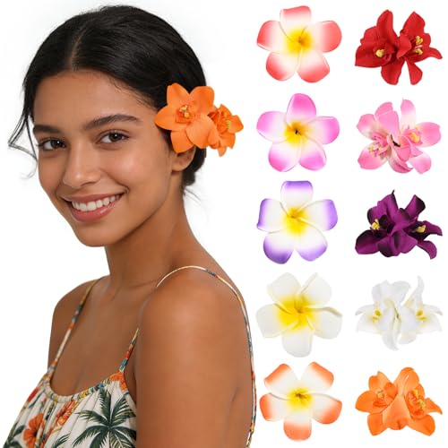 10 pcs Hawaiian Flower Hair Clips for Women，Plumeria Hibiscus Hair Clips Artificial Flower Clips，Boho Hair Accessories for Vacation Beach Party - Orchid & Plumeria - color: Orchid & Plumeria