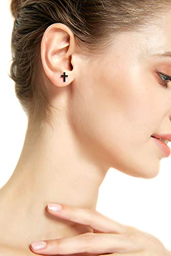REVEMCN 925 Sterling Silver and Stainless Steel Cross Stud Earrings for Women Men, 3 Pairs - color: Black Stud Earrings