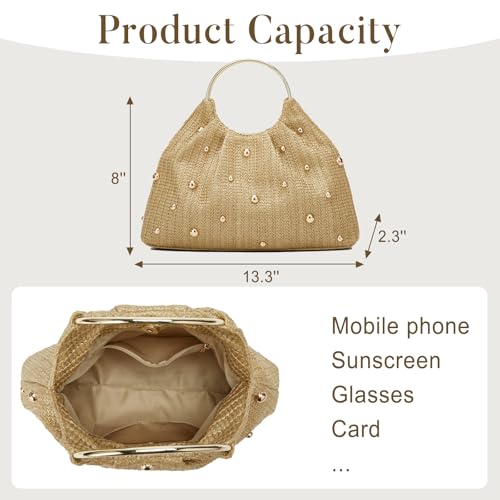 Straw Woven Beach Bag 2026 Summer Beaded Top Handle Handbag Raffia Evening Purse Wedding Clutch Vacation Tote Wristlet Bag - color: Beige