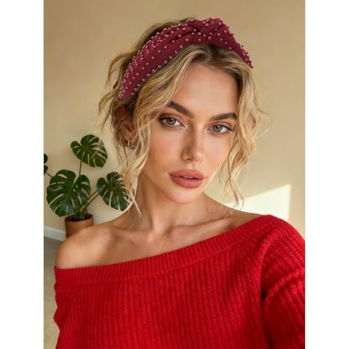 YISSION 1PC Beaded Knotted Headband Wide Jeweled Headbands for women Non Slip Embellished Hairband Dark Red Head Band Hair Accessories for Women Girls - color: Dark Red