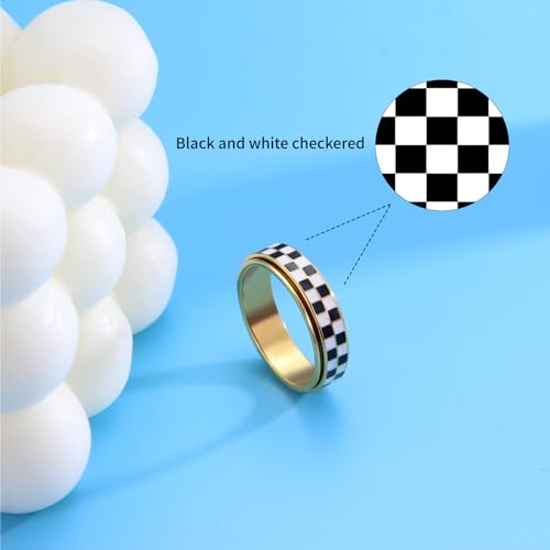 AmorArtSky Checkered Fidget Ring for Adults - 18K Gold Plated Stainless Steel Rotating Spinner Jewelry, Anxiety & Stress Relief Gift for Women/Men (Black and White Pattern) - color: Checkerboard Ring_Gold