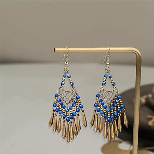 Handmade Vintage Bronze Bohemian Long Tassel Colorful Bead Dangle Drop Earrings Big Tribal Chandelier Geometry Hook Earrings for Women Statement Jewelry Gifts - color: Blue