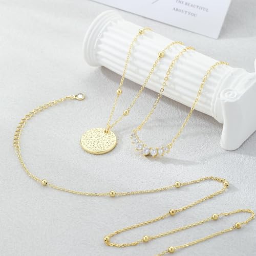 Layered Gold Necklace for Women Trendy 14K Gold Plated Heart CZ Pendant Layered Gold Necklaces Set Coin Choker Necklaces Simple Circle Cubic Zirconia Pearl Necklace Stack Herringbone Paperclip Chain Jewelry Set - style: 3PCS-Zircon round pendant-GD